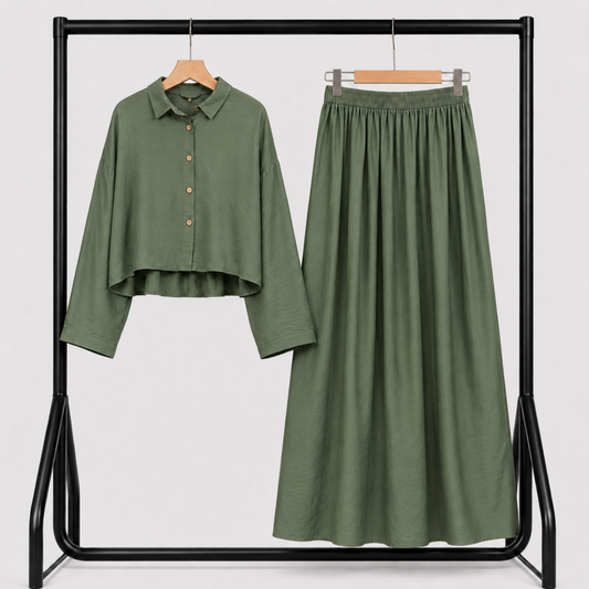 Ensemble Lila – Chemise & Jupe Longue Vert olive