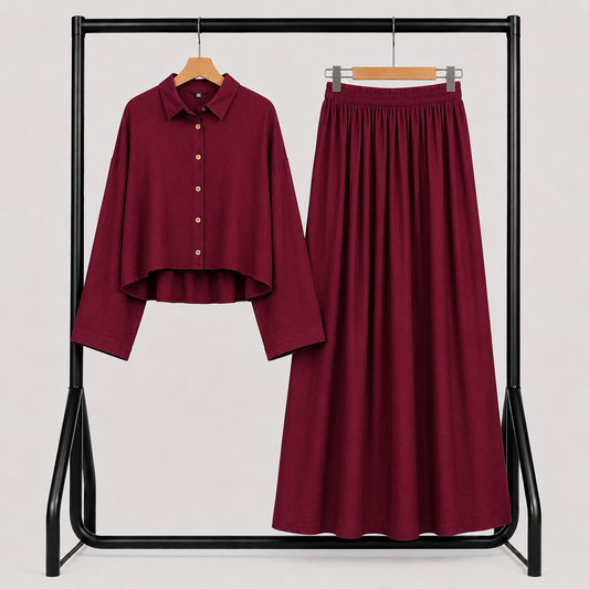 Ensemble Lila – Chemise & Jupe Longue Bordeaux