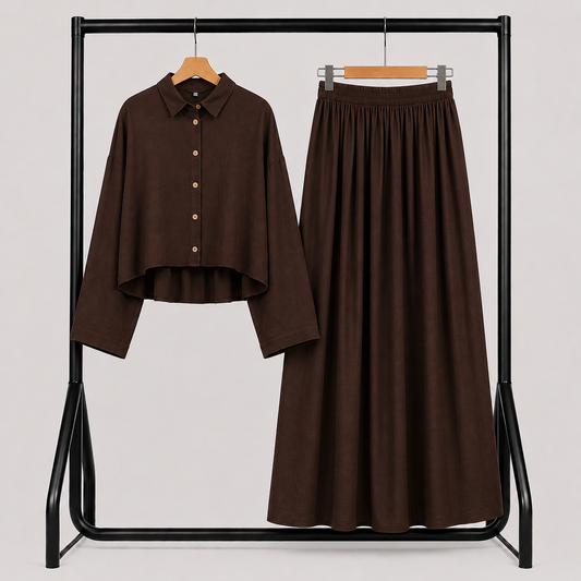 Ensemble Lila – Chemise & Jupe Longue Marron
