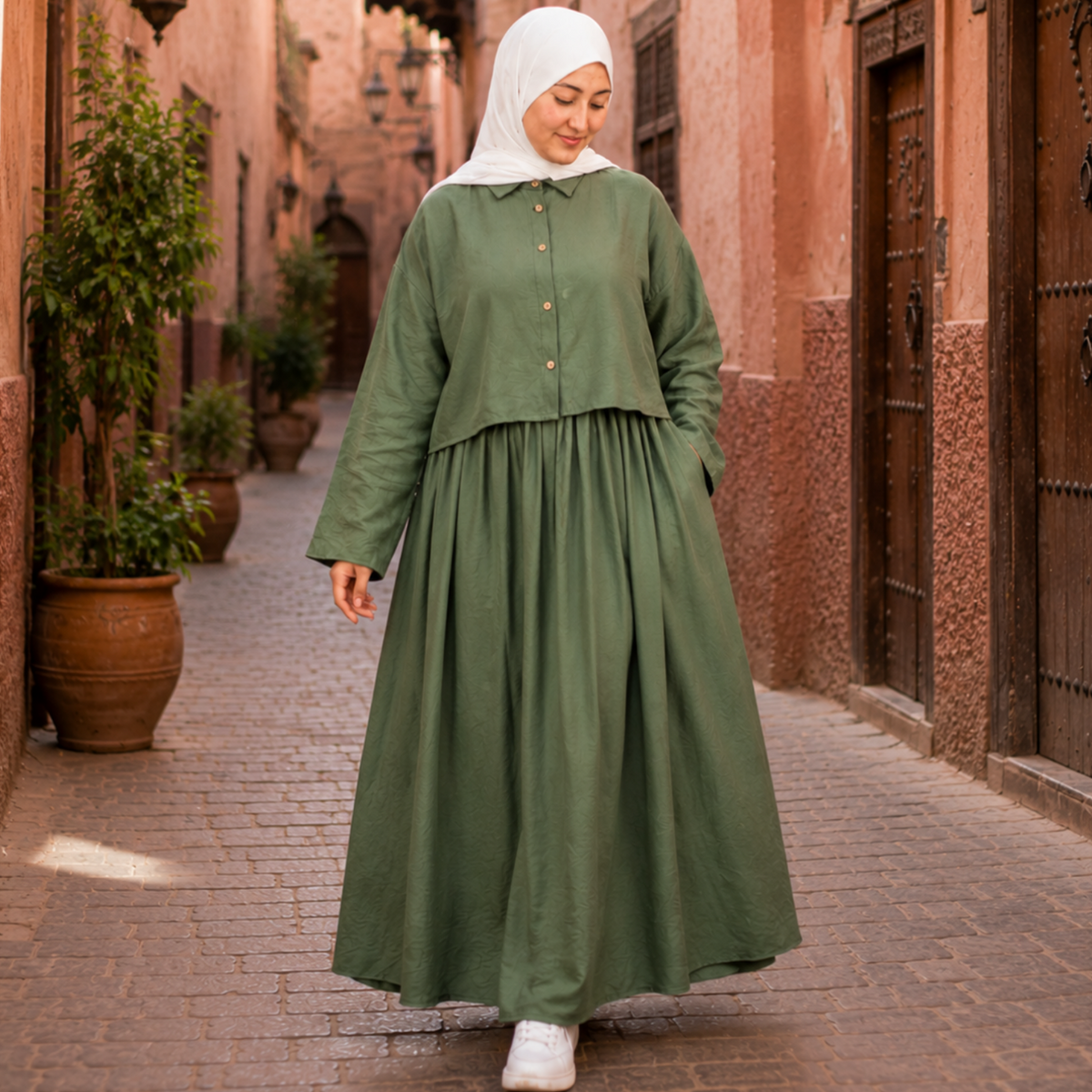 Ensemble Lila – Chemise & Jupe Longue Vert olive