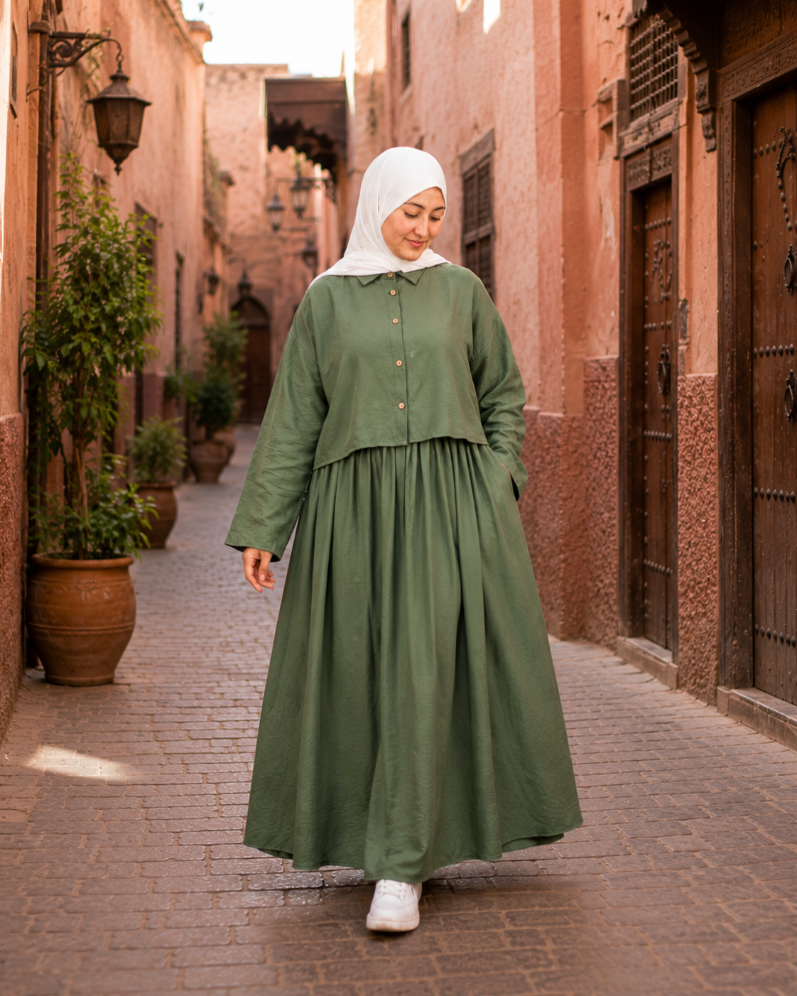 Ensemble Lila – Chemise & Jupe Longue Vert olive