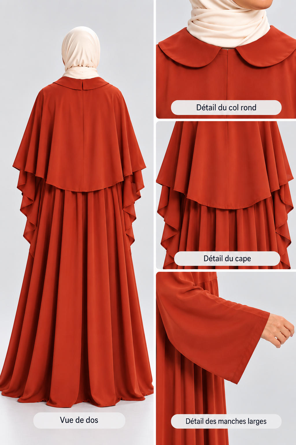 Abaya Rosa style Cape Rouge brique